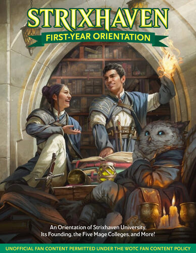 Cover for “Strixhaven: First-Year Orientation.” Two Wizards are laughing and an owling looks towards the reader.